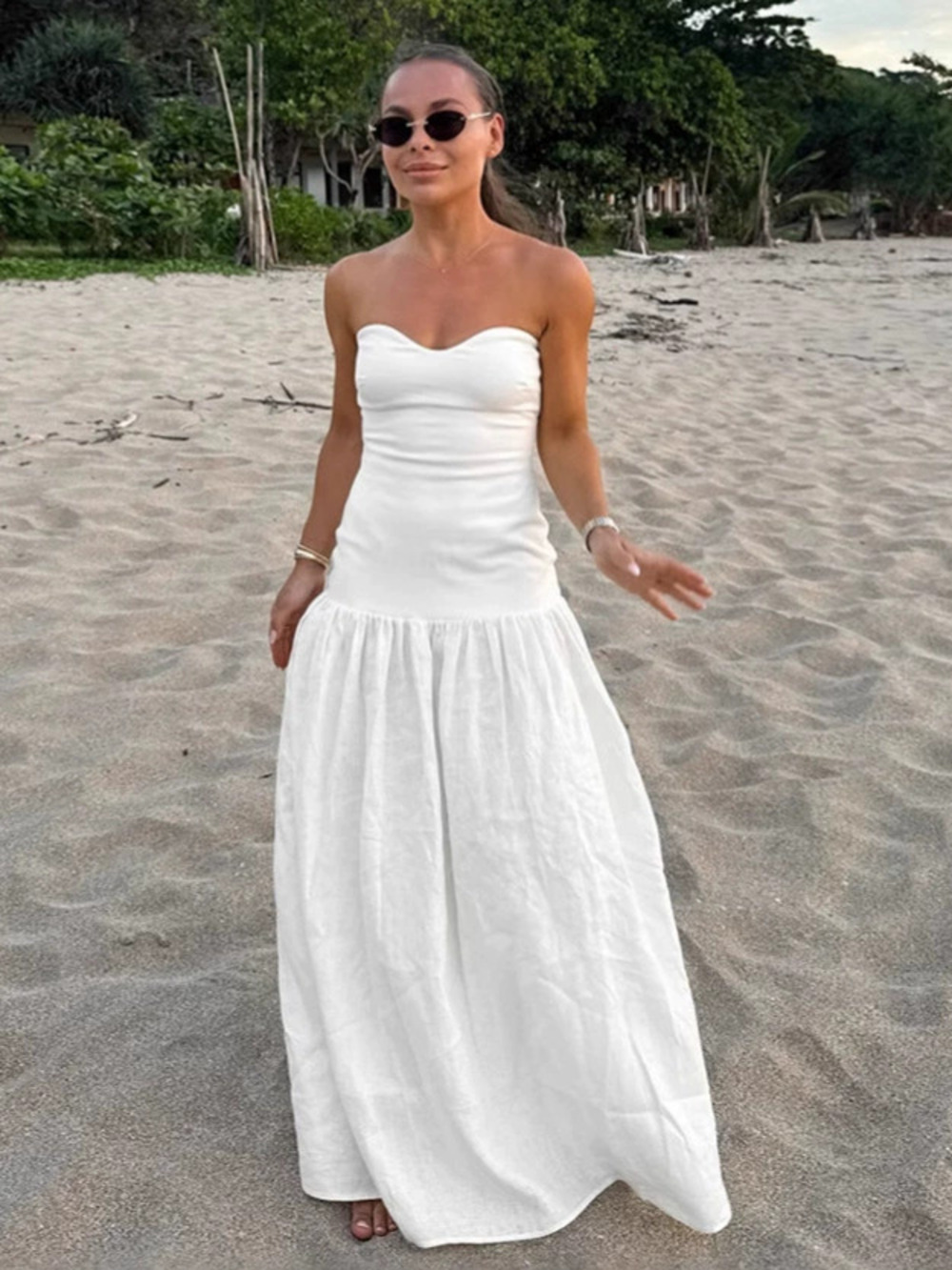 Forever 21 White Cotton Linen Strapless Maxi Dress Summer Beach High Waist